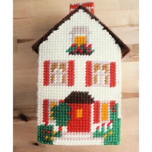 Vintage Cross Stitched/Needlepoint House Kleenex Holder